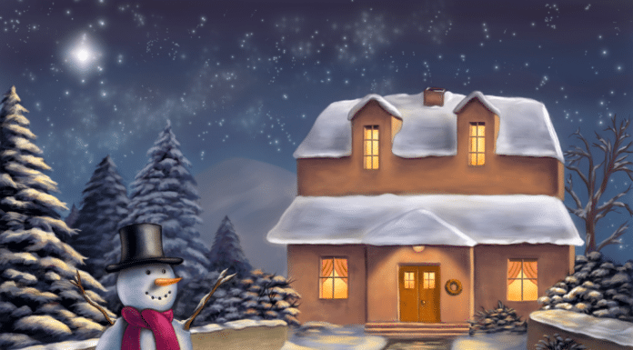 Snowman in a winter scene. Digital illustration.