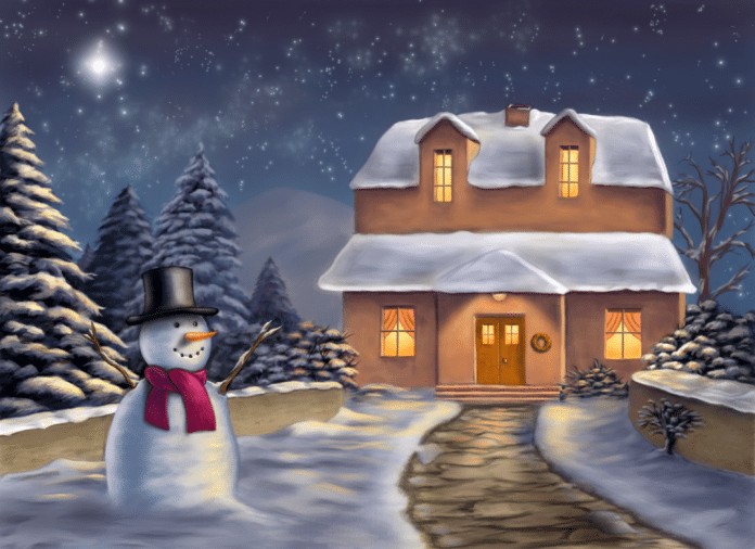 shutterstock_19506163 Snowman in a winter scene. Digital illustration.