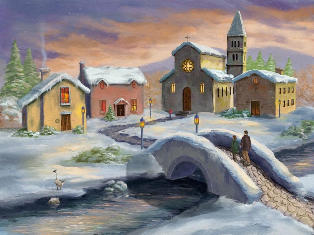 Winter landscape with a small village and a bridge crossing a river. Digital painting.