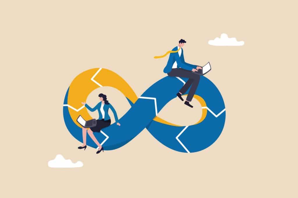 Illustration of people working while sitting on an infinity sign.