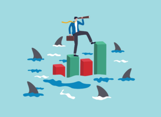 Illustration of a businessperson surrounded by sharks