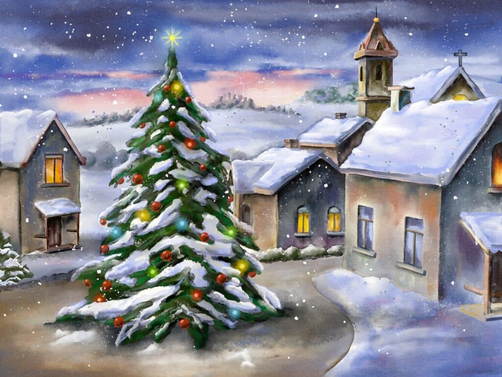 Christmas tree in a snowy landscape. Hand-painted illustration. 
