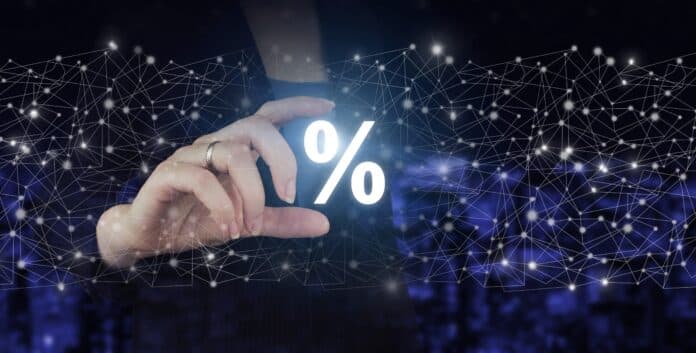 Giving,Discounts,To,Customers.,Hand,Hold,Digital,Hologram,Percent,Sign Percentage