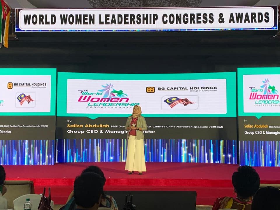 Saliza presenting at the 7th World Women Leadership Congress & Awards in Mumbai, India in 2020; image courtesy of BG Capital Holdings