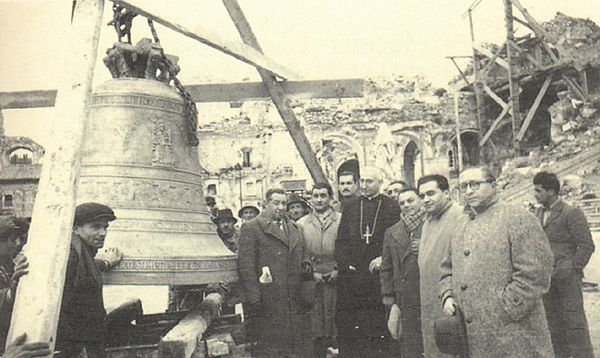 Historic image of a new bell placement in 1950. 